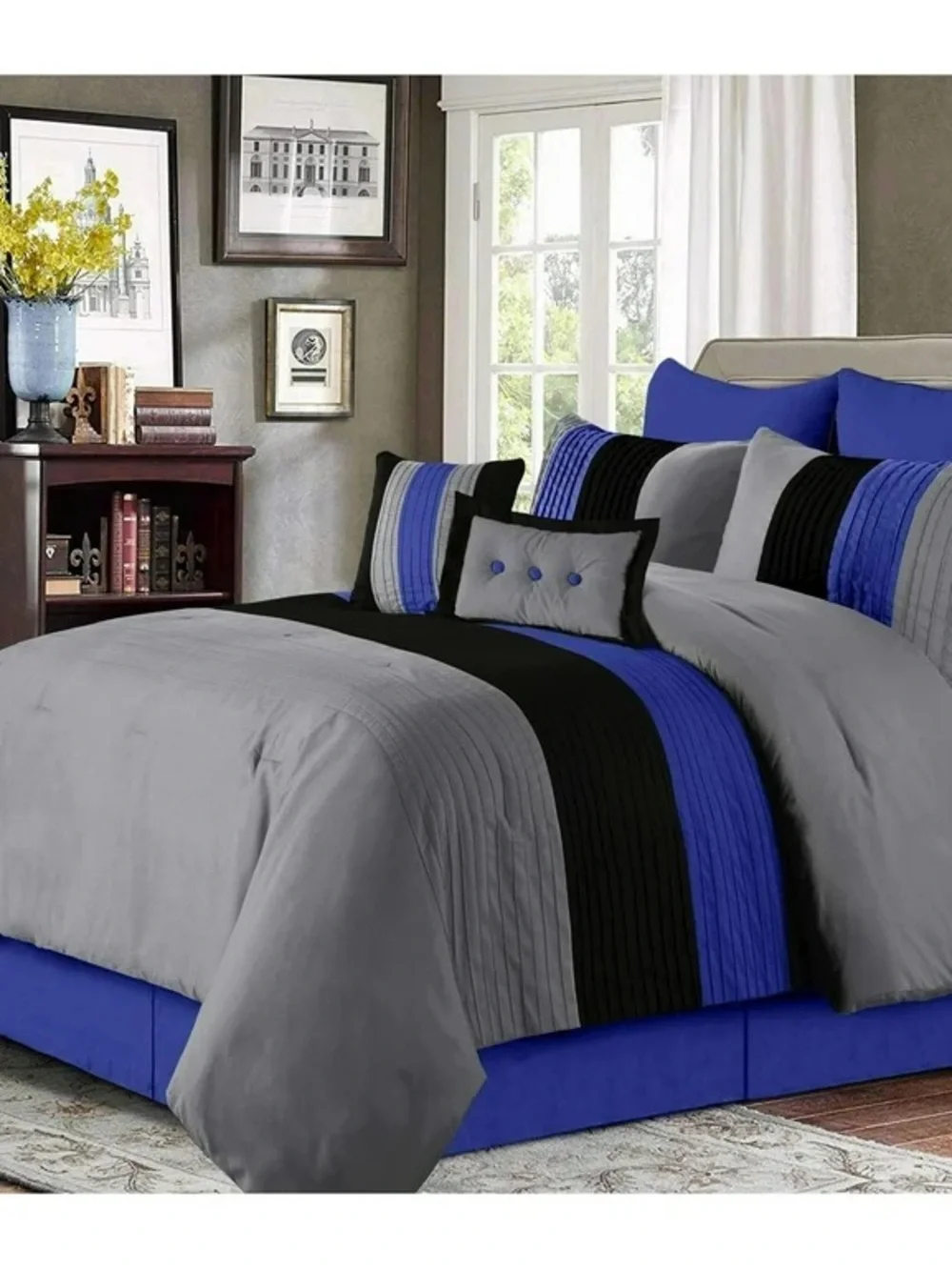 Gray, Black & Blue Striped Queen 3 piece Comforter Set